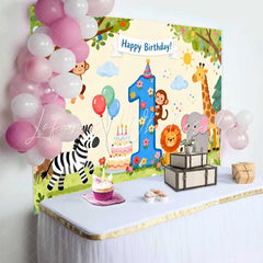 Lofaris Watercolor Jungle Animals First Birthday Backdrop Happy Birthday Number 1 Party Decor for Baby’s Celebration