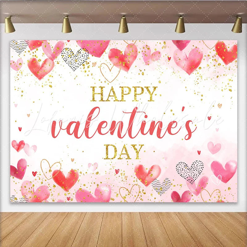 Lofaris Watercolor Pink and Red Hearts Valentines Day Backdrop Gold Glitter Love Celebration Background