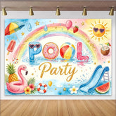 Lofaris Watercolor Pool Party Birthday Backdrop with Rainbow and Flamingo Summer Water Slide Background for Kids Party Photoshoot.
