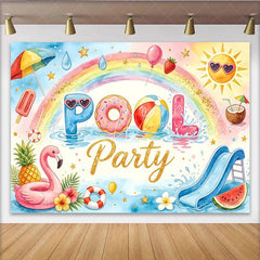 Lofaris Watercolor Pool Party Birthday Backdrop with Rainbow and Flamingo Summer Water Slide Background for Kids Party Photoshoot.