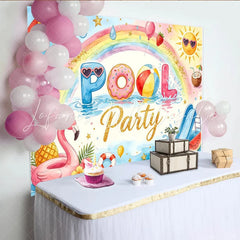 Lofaris Watercolor Pool Party Birthday Backdrop with Rainbow and Flamingo Summer Water Slide Background for Kids Party Photoshoot.