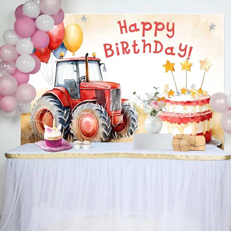 Lofaris Watercolor Red Tractor and Star Cake Happy Birthday Backdrop Farm Balloon Boys Party Photography Background