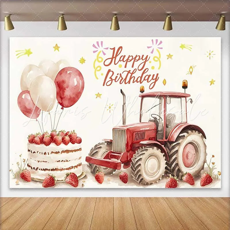 Lofaris Watercolor Red Tractor and Strawberry Cake Happy Birthday Backdrop Farm Balloon Boy Party Background