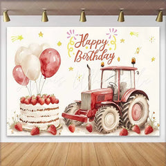 Lofaris Watercolor Red Tractor and Strawberry Cake Happy Birthday Backdrop Farm Balloon Boy Party Background