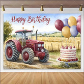 Lofaris Watercolor Red Tractor and Wheat Field Happy Birthday Backdrop Farm Balloon Cake Boy Party Background