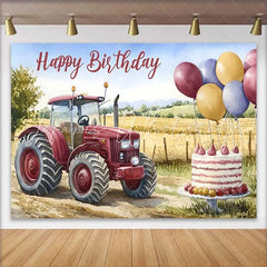 Lofaris Watercolor Red Tractor and Wheat Field Happy Birthday Backdrop Farm Balloon Cake Boy Party Background