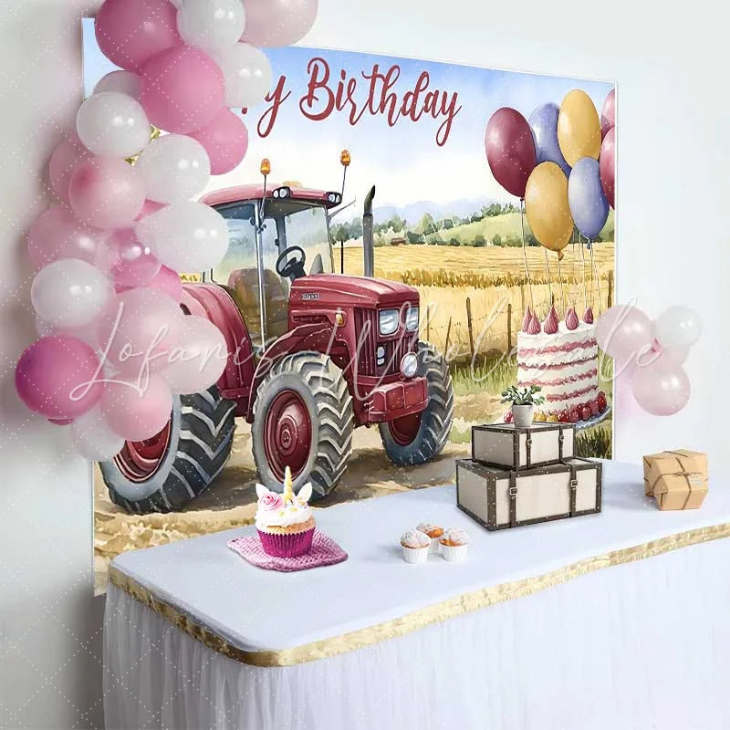 Lofaris Watercolor Red Tractor and Wheat Field Happy Birthday Backdrop Farm Balloon Cake Boy Party Background