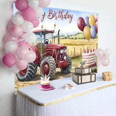 Lofaris Watercolor Red Tractor and Wheat Field Happy Birthday Backdrop Farm Balloon Cake Boy Party Background