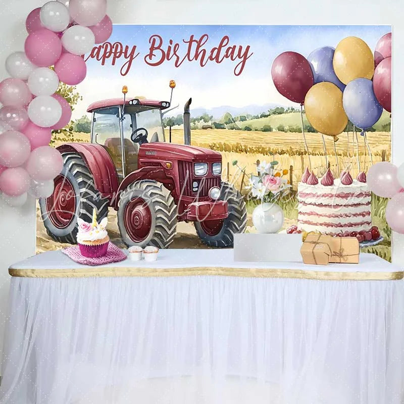 Lofaris Watercolor Red Tractor and Wheat Field Happy Birthday Backdrop Farm Balloon Cake Boy Party Background