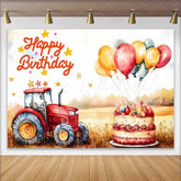 Lofaris Watercolor Red Tractor Farm Happy Birthday Backdrop Wheat Field Balloon Cake Boys Photography Background
