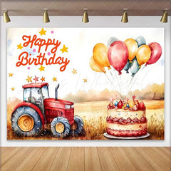 Lofaris Watercolor Red Tractor Farm Happy Birthday Backdrop Wheat Field Balloon Cake Boys Photography Background