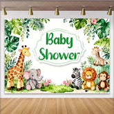 Lofaris Watercolor Safari Baby Shower Backdrop with Jungle Animals and Green Leaves Cute Photo Background for Party Decor