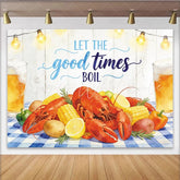 Lofaris Watercolor Seafood Boil Party Backdrop with Lobsters Corn and Beer Rustic Wood Background for Summer Celebration Decor