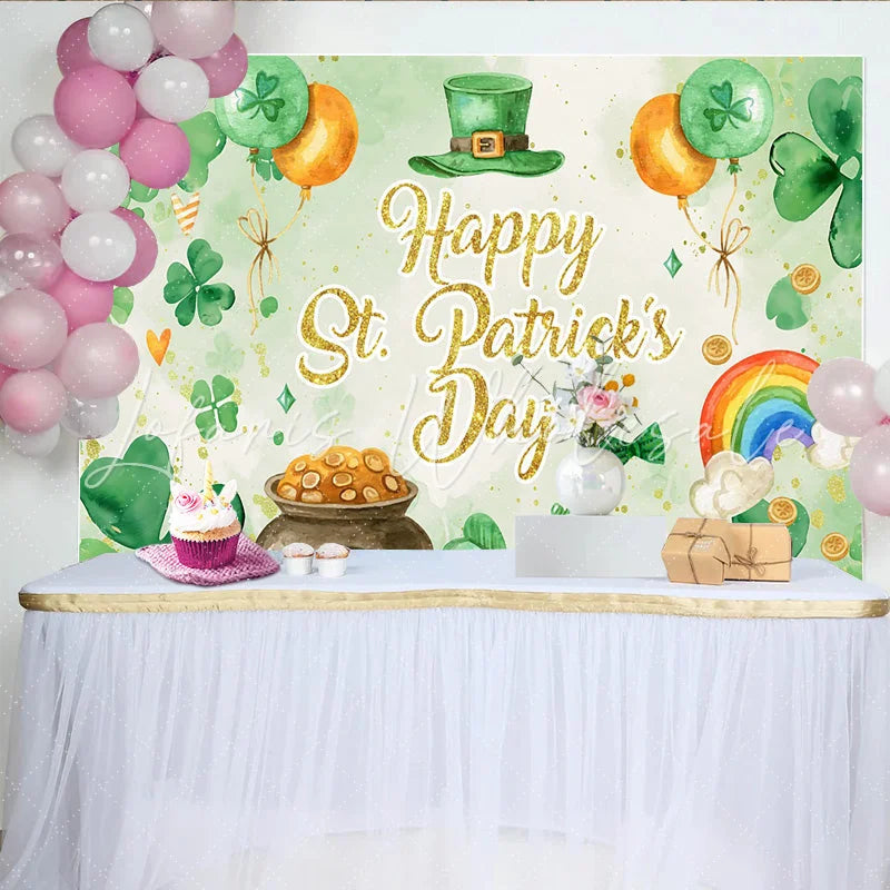 Lofaris Watercolor St. Patrick Day Shamrock and Gold Backdrop Elegant Lucky Clover Party Decor