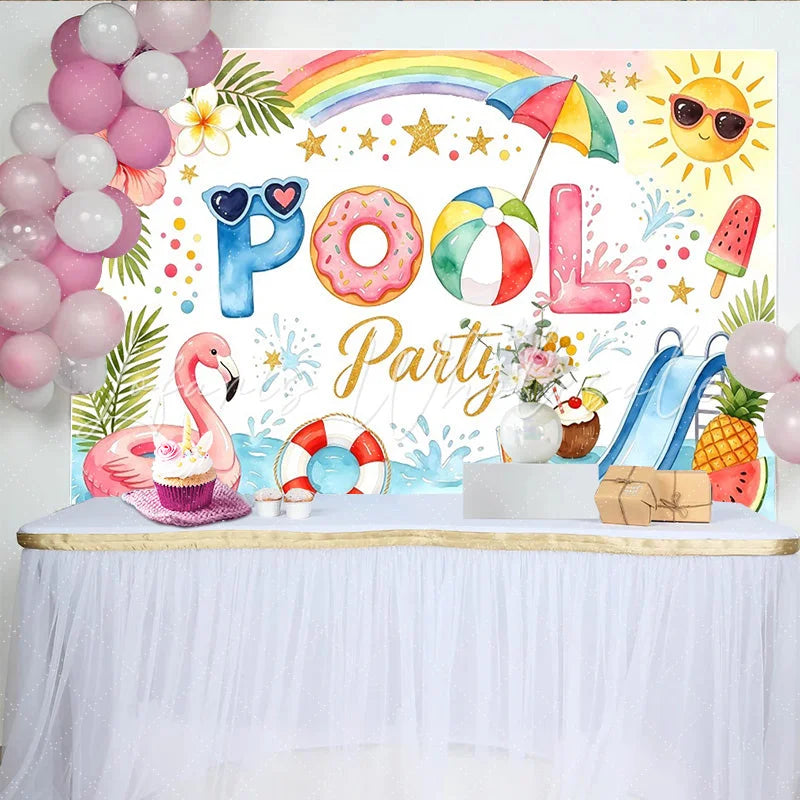 Lofaris Watercolor Summer Pool Party Birthday Backdrop with Flamingo and Donut Floats Festive Photography Background for Kids Celebration