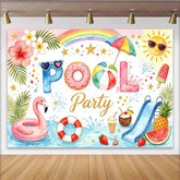 Lofaris Watercolor Summer Pool Party Birthday Backdrop with Flamingo and Donut Floats Festive Photography Background for Kids Celebration