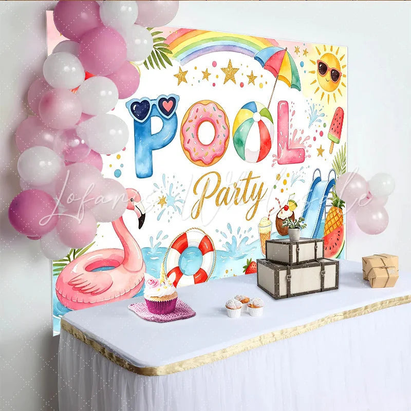 Lofaris Watercolor Summer Pool Party Birthday Backdrop with Flamingo and Donut Floats Festive Photography Background for Kids Celebration