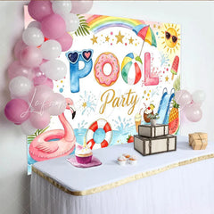 Lofaris Watercolor Summer Pool Party Birthday Backdrop with Flamingo and Donut Floats Festive Photography Background for Kids Celebration