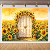 Lofaris Watercolor Sunflower Floral Photography Backdrop with Rustic Door Bright Yellow Field Background for Studio Photoshoot and Decor