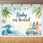 Lofaris Watercolor Surf Beach Baby Shower Backdrop with Palm Trees and Van Tropical Ocean Wave Photography Background for Baby Welcome