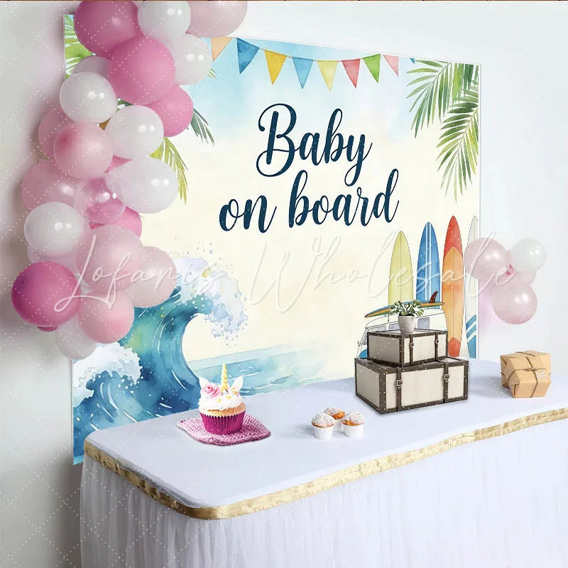 Lofaris Watercolor Surf Beach Baby Shower Backdrop with Palm Trees and Van Tropical Ocean Wave Photography Background for Baby Welcome