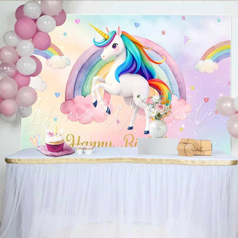 Lofaris Watercolor Unicorn Rainbow Backdrop Happy Birthday Clouds and Stars Party Banner