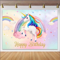 Lofaris Watercolor Unicorn Rainbow Backdrop Happy Birthday Clouds and Stars Party Banner