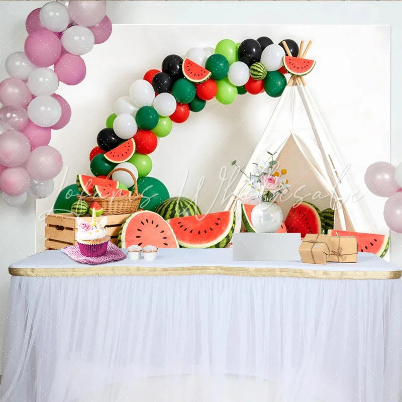 Lofaris Watermelon Birthday Backdrop with Green Red Balloons and Teepee Tent Summer Fruit Party Photography Background Decor