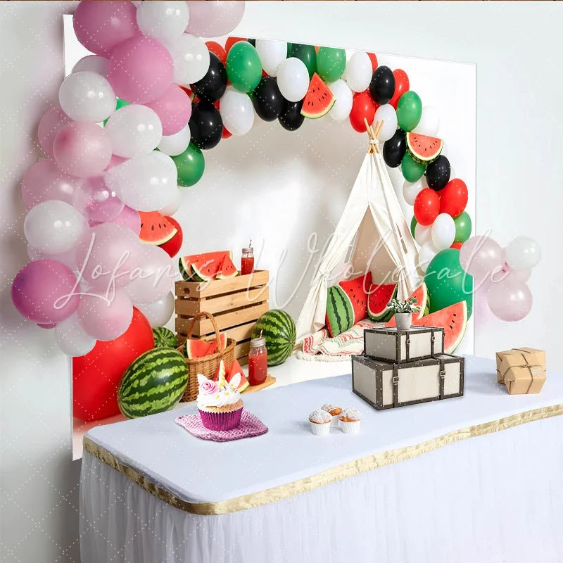 Lofaris Watermelon Photography Backdrop with Balloons and Teepee Tent Summer Party Decor for Photoshoot
