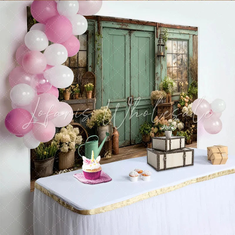Lofaris Weathered Mint Green Door and Window Rustic Garden Photography Backdrop Floral Wooden Floor Background for Studio Photoshoot