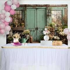 Lofaris Weathered Mint Green Door and Window Rustic Garden Photography Backdrop Floral Wooden Floor Background for Studio Photoshoot