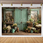 Lofaris Weathered Mint Green Door and Window Rustic Garden Photography Backdrop Floral Wooden Floor Background for Studio Photoshoot