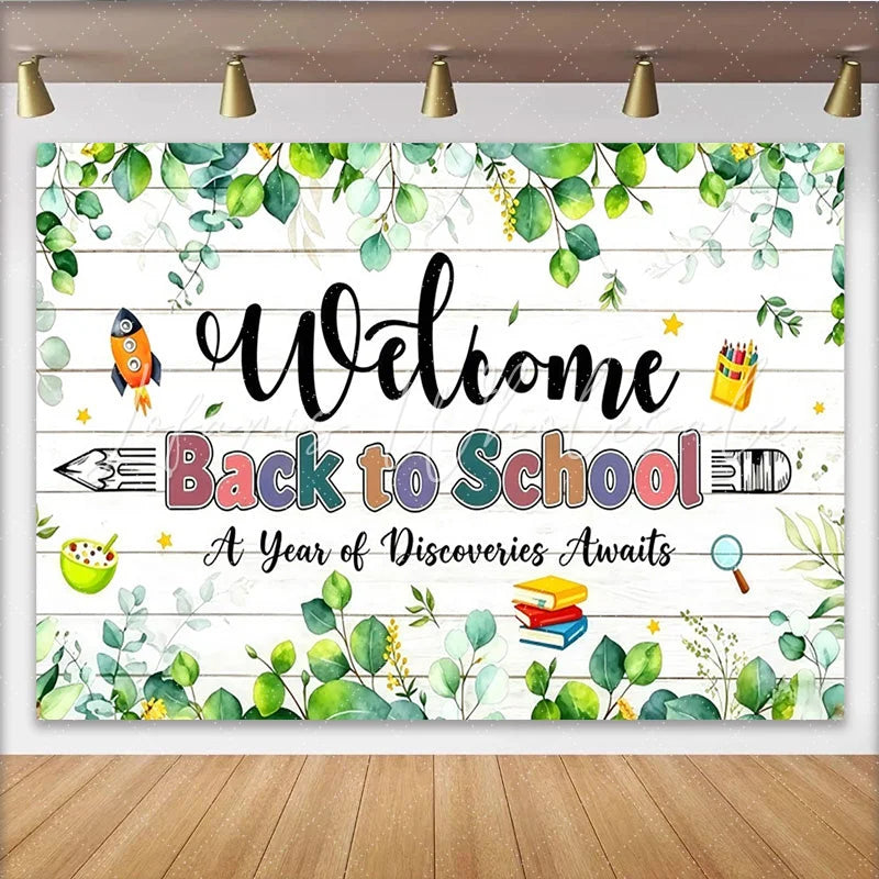 Lofaris Welcome Back to School Backdrop with Green Eucalyptus and Wooden Planks Classroom Background for Photo Booth Props and Party Decor