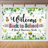 Lofaris Welcome Back to School Backdrop with Green Eucalyptus and Wooden Planks Classroom Background for Photo Booth Props and Party Decor