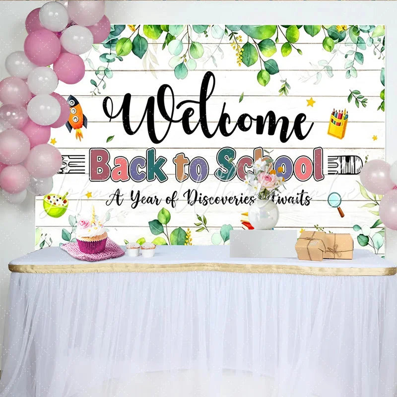 Lofaris Welcome Back to School Backdrop with Green Eucalyptus and Wooden Planks Classroom Background for Photo Booth Props and Party Decor