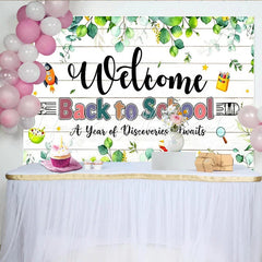 Lofaris Welcome Back to School Backdrop with Green Eucalyptus and Wooden Planks Classroom Background for Photo Booth Props and Party Decor