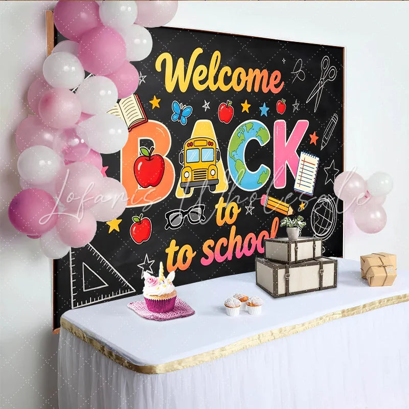 Lofaris Welcome Back to School Blackboard Backdrop with Colorful Letters and School Supplies Educational Party Decor for Classroom