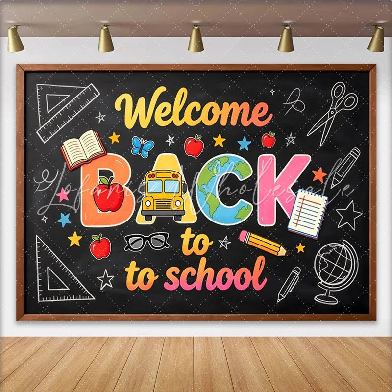 Lofaris Welcome Back to School Blackboard Backdrop with Colorful Letters and School Supplies Educational Party Decor for Classroom