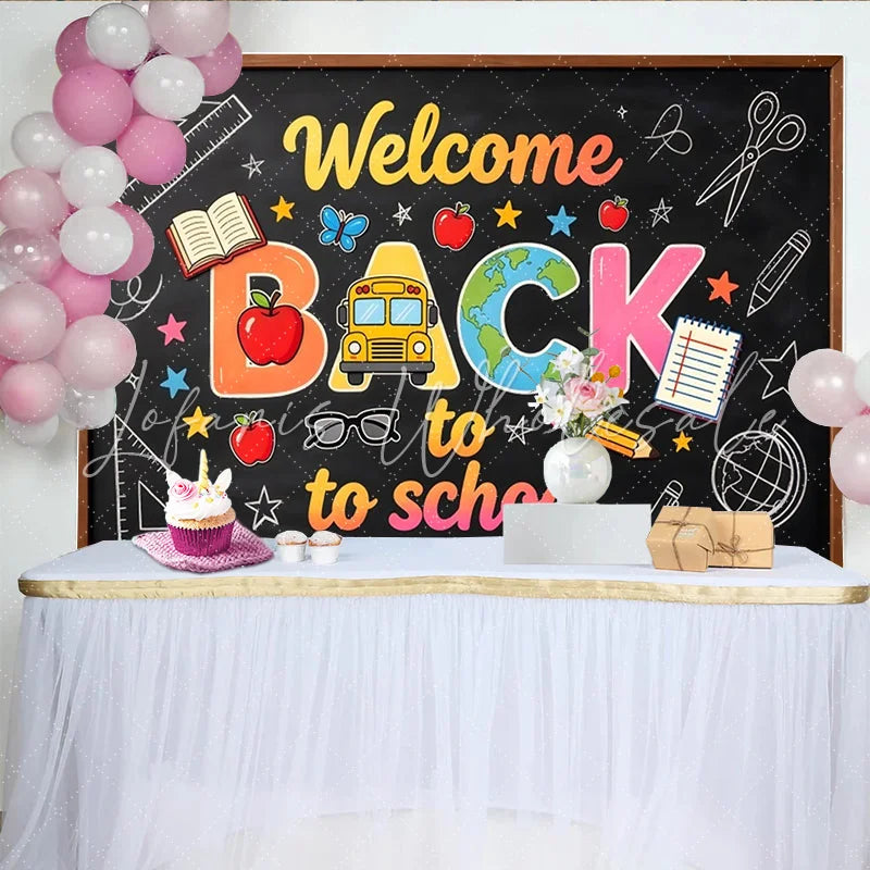 Lofaris Welcome Back to School Blackboard Backdrop with Colorful Letters and School Supplies Educational Party Decor for Classroom