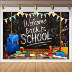 Lofaris Welcome Back to School Blackboard Backdrop with Colorful Pennants and School Supplies Wooden Desk Background for Classroom Decor