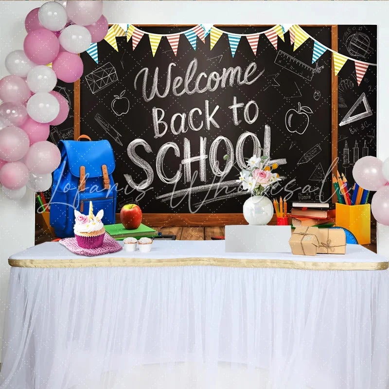 Lofaris Welcome Back to School Blackboard Backdrop with Colorful Pennants and School Supplies Wooden Desk Background for Classroom Decor