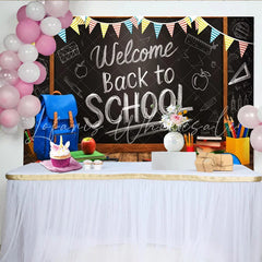Lofaris Welcome Back to School Blackboard Backdrop with Colorful Pennants and School Supplies Wooden Desk Background for Classroom Decor