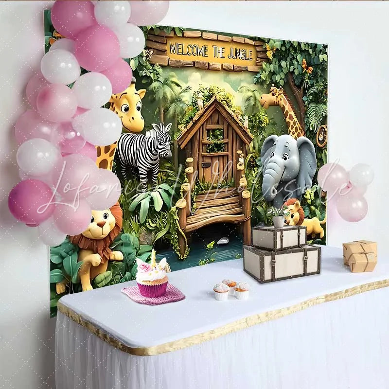 Lofaris Welcome to the Jungle Safari Backdrop Cartoon Zoo Animals Party Banner for Kids Birthday