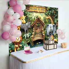 Lofaris Welcome to the Jungle Safari Backdrop Cartoon Zoo Animals Party Banner for Kids Birthday