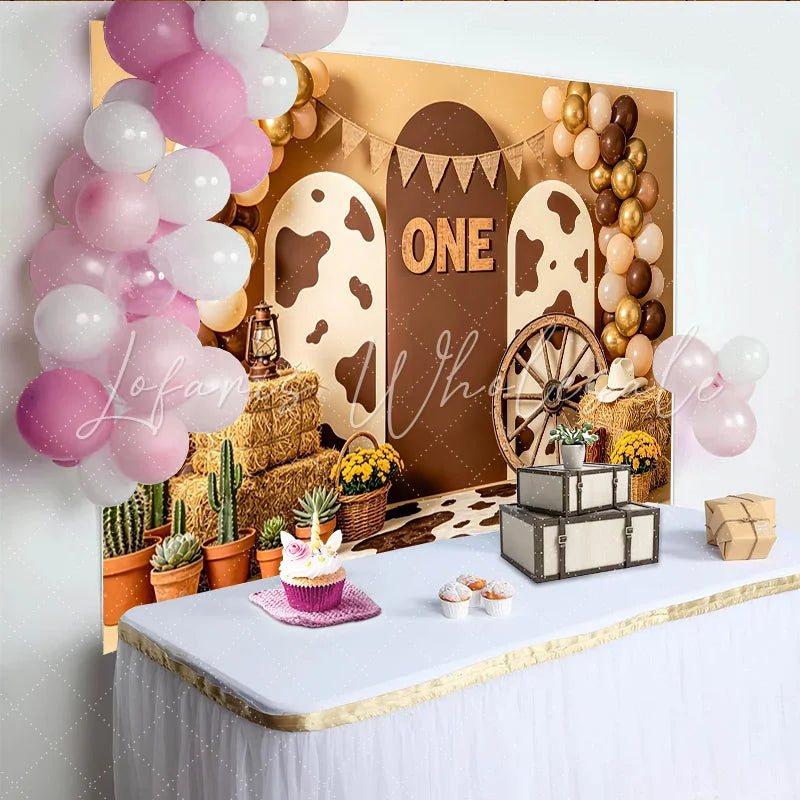 Lofaris Western 1st Birthday Backdrop with ONE Sign Balloons and Cow Print Rustic Cowboy Theme Photography Background for Party Decor.