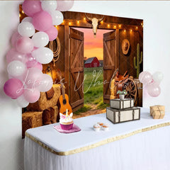 Lofaris Western Barn Photography Backdrop Open Doors and Sunset View Farmhouse Background for Cowboy Theme Party or Studio Photos