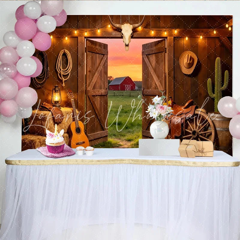 Lofaris Western Barn Photography Backdrop Open Doors and Sunset View Farmhouse Background for Cowboy Theme Party or Studio Photos