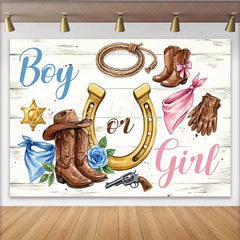 Lofaris Western Boy or Girl Gender Reveal Baby Shower Backdrop Rustic Cowboy Boots and Horseshoe Wooden Background for Photoshoot.