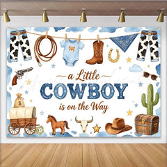 Lofaris Western Cowboy Baby Shower Backdrop for Boy featuring Boots Hat and Lasso a Little Cowboy is on the Way Party Background