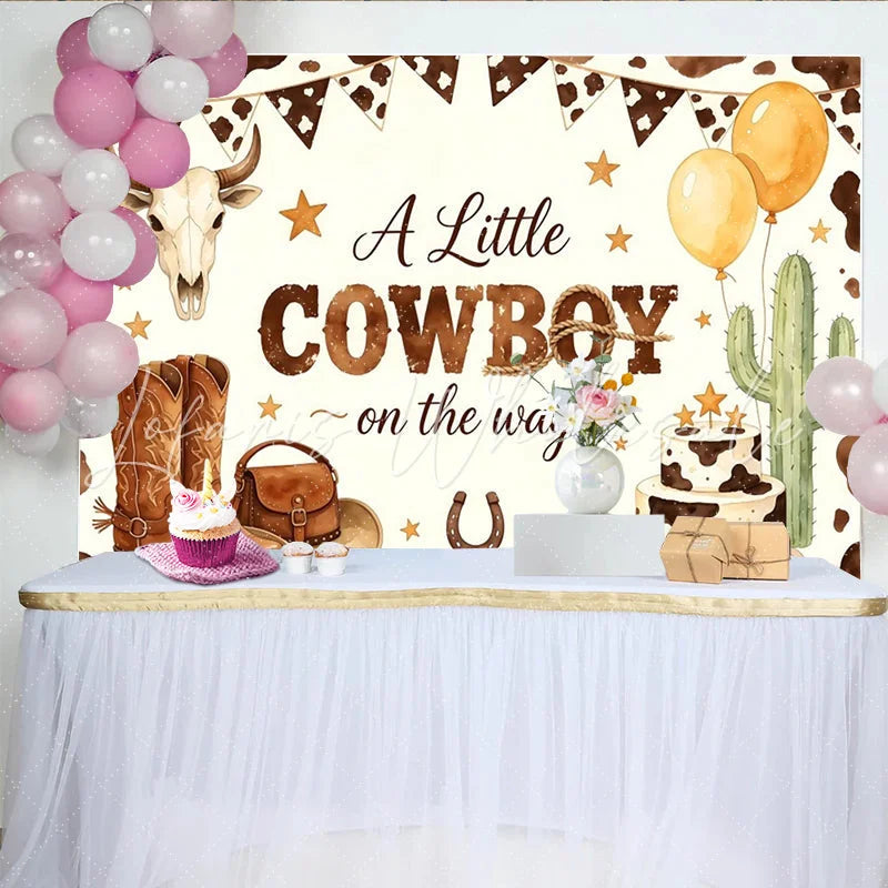 Lofaris Western Cowboy Baby Shower Backdrop with Boots Hat and Bull Skull Rustic Farmhouse Background for Little Boy Party Decor